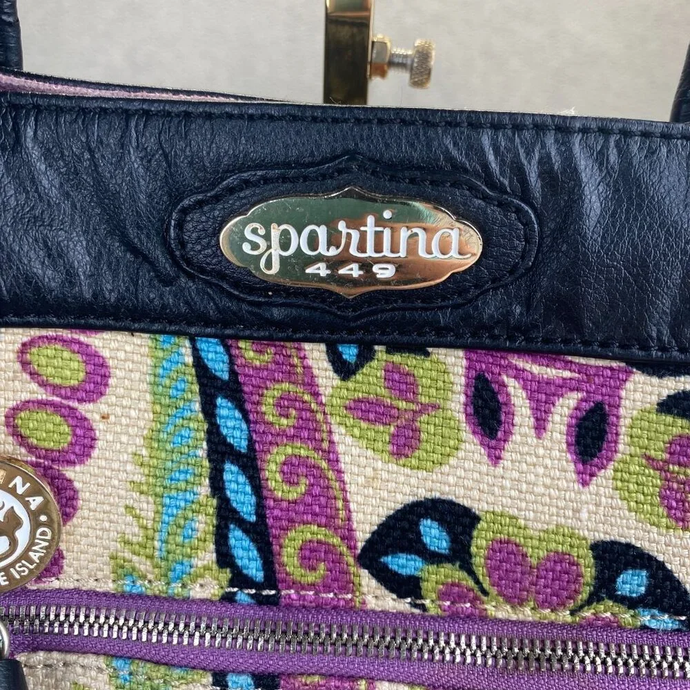 Spartina 449 Floral Multicolor Linen‎ Fabric with Black Leather Trim Tote Bag